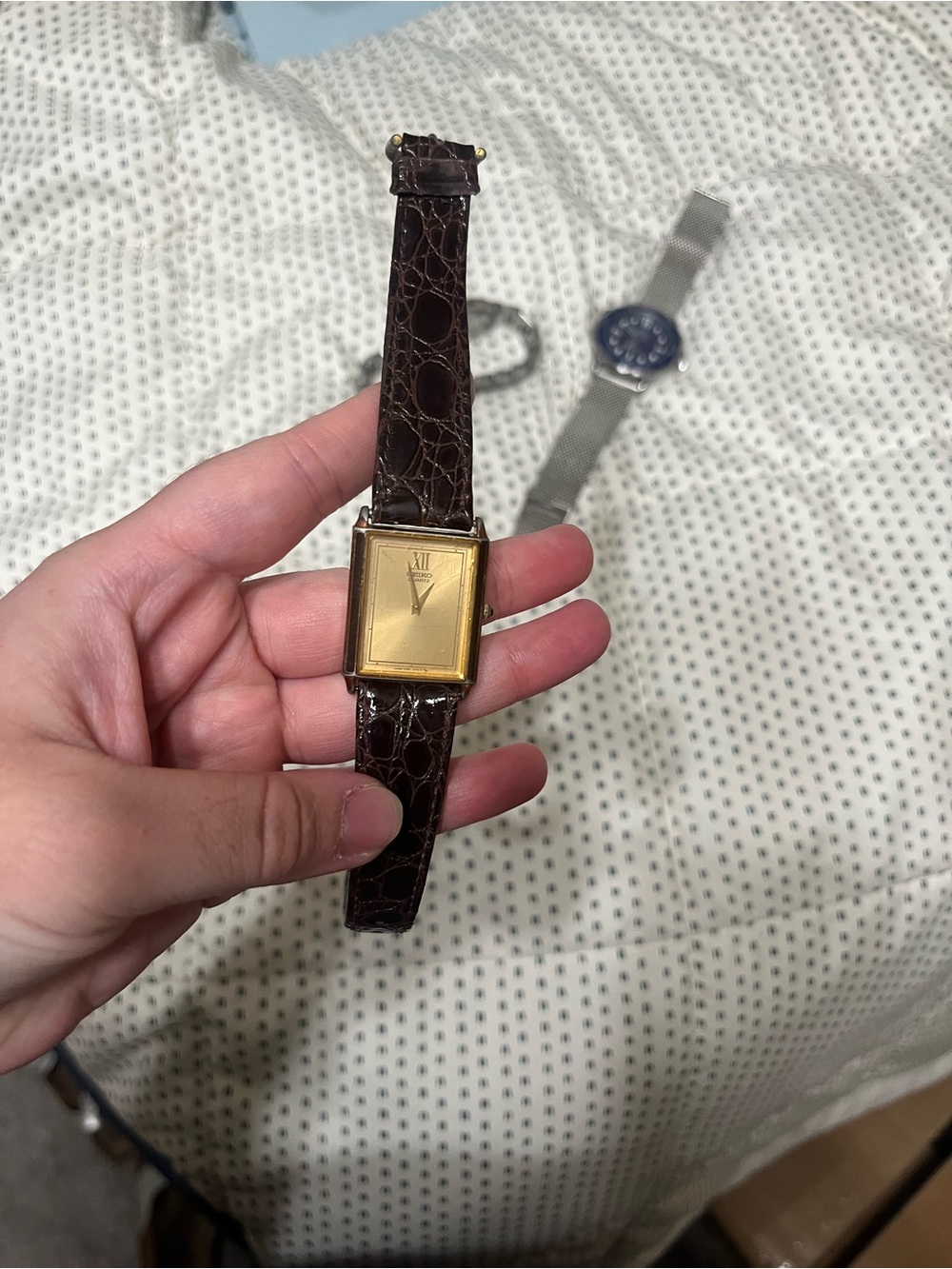 Seiko Tank Watch Unisex Gold Dial Brown Leather Strap Watch